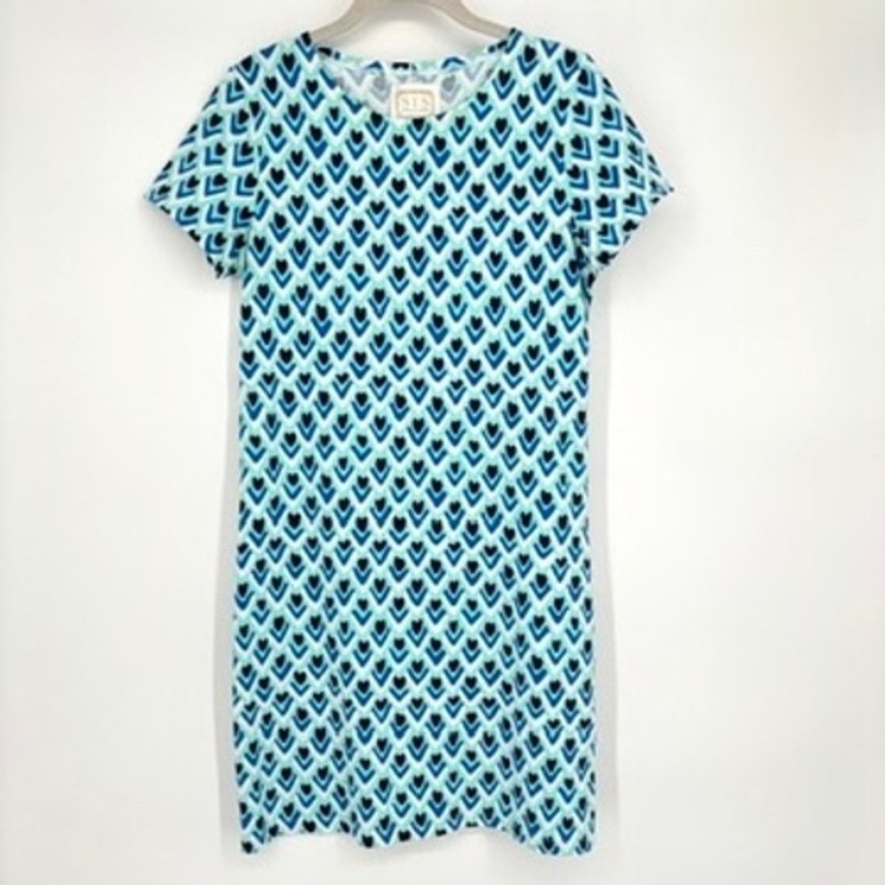 STS Sail to Sable T-Shirt Dress Short Sleeve Blue White Printed Cotton Knit Sz S
